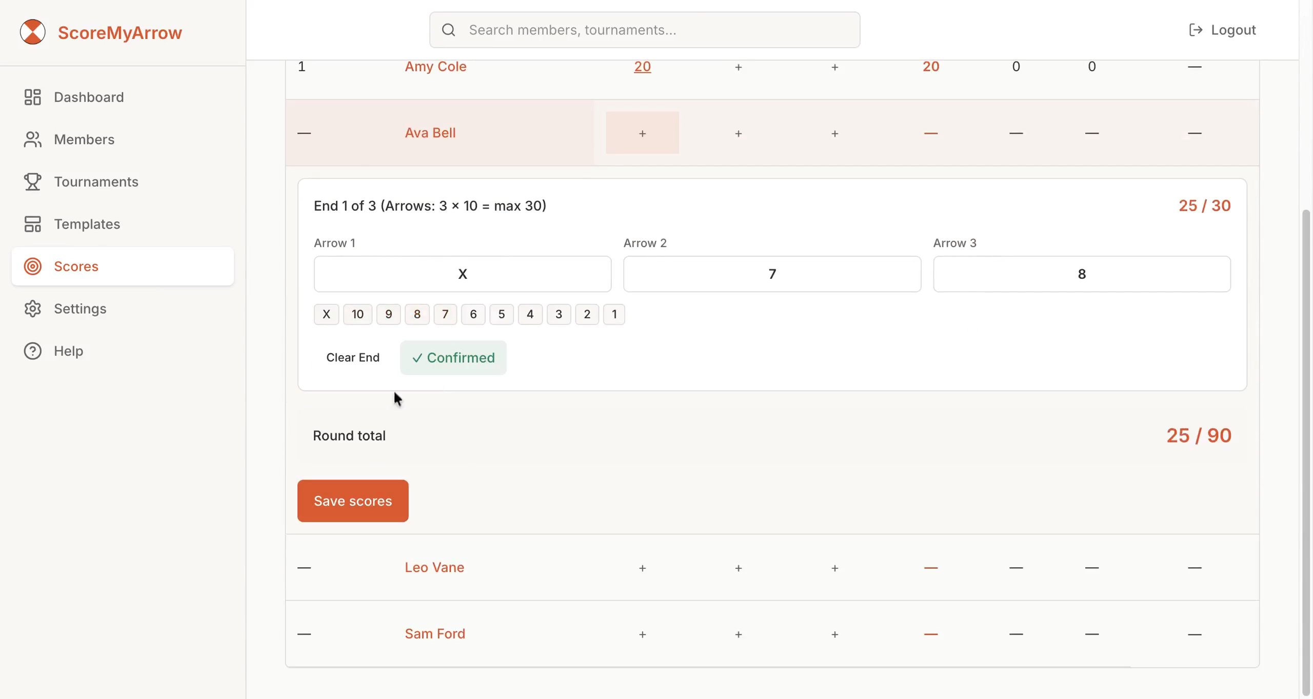 Record arrow-by-arrow scores for a compound round and update the leaderboard.